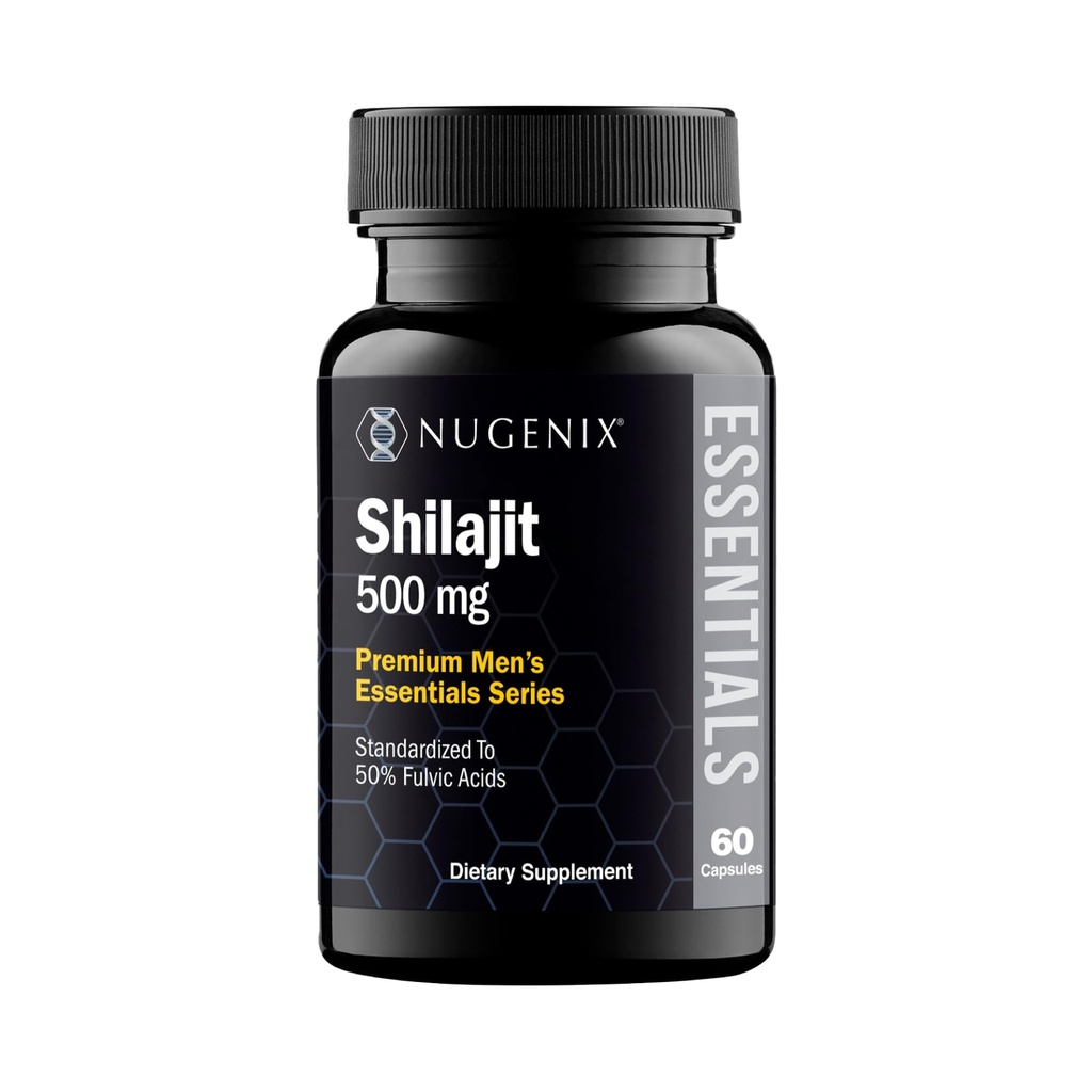 Nugenix Essentials Shilajit Suplement Kapsułki dla mężczyzn i kobiet - 500mg, Standardowy do 50% Kwasy Fulvic, Himalayan, 60 Kapsułki