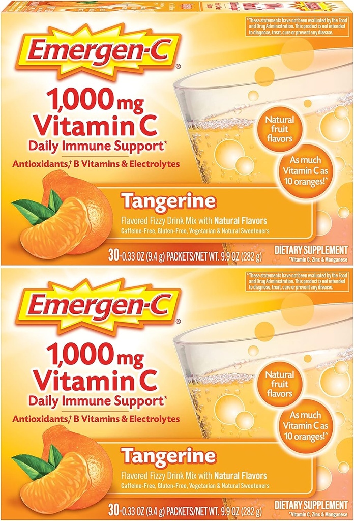 Emergen- C 1000mg Witamina C Proszek, z przeciwutleniaczami, Witaminy B i Electrolytes, Suplementy witaminy C do wsparcia immunologicznego, Kofeina wolny napój Mix, Flavor Tangerine - 60 Count / 2 Dostawa miesiąc