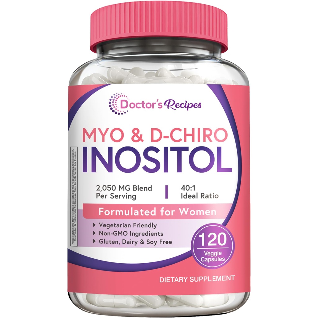 Przepisy lekarza Inositol Suplement, Myo- Inositol i D- Chiro Inositol Kapsułki 2050mg na serwowanie, Ideal 40: 1 Mieszanka, Hormon Równowaga dla kobiet, funkcje jajników i wsparcie płodności, 120 Vegan Czapki