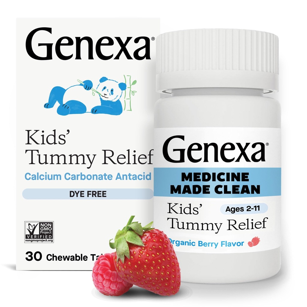 Genexa Kids 'Clean Dye Free Tumy Relief 124; Heartburn, Niestrawność kwasowa, Sour Stomach Chewable Antacid 124; 0% Sztuczne dodatki, Karbonian wapnia dla dzieci, Organic Berry Flavor, 30ct