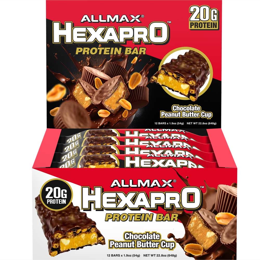 ALLMAX HEXAPRO PROTEIN BAR, Czekoladowy Puchar Masło orzechowe - Opakowanie 12 - Przekąski wysokobiałkowe - 20 g białka na bar - Z izolatem białka serwatki