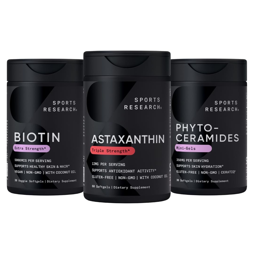 Sports Research ® Healthy Skin and Hair Support - Wegan Biotin 10,000mcg z olejkiem kokosowym, Triple Strength Astaxantina 12 mg, i Phytoceramides 350mg na Softgel · Non-GMO · Vegan · Gluten- Free