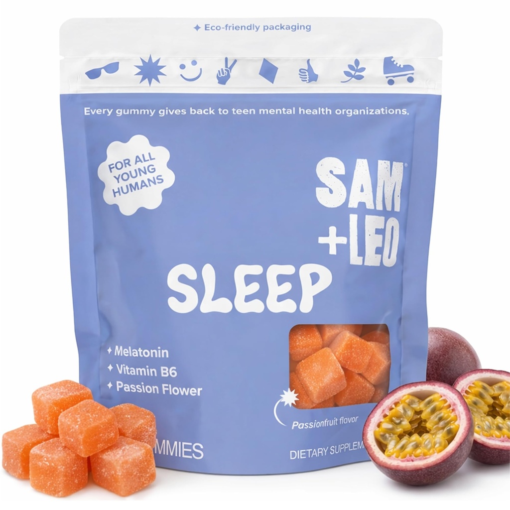 SAM + LEO Gummies Sleep dla dzieci i nastolatków z Melatonin, Kwiat Pasji i Witamina B6 - Delikatne Gummies Sen Pomoc dla niespokojnych snu 124; Naturalny, bez narkotyków, Wegan & Gluten Free, Passion Fruit Flavor (60 ct)