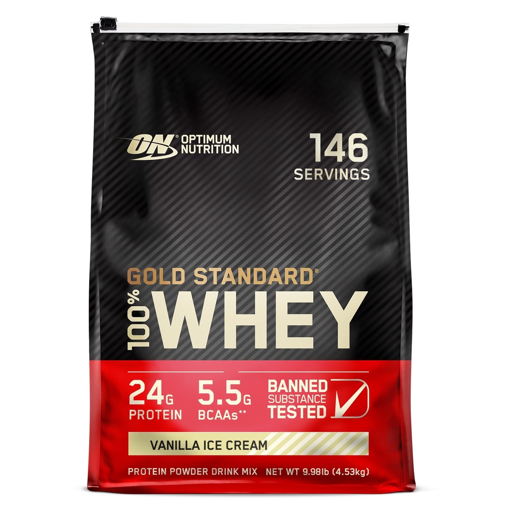Optimum Nutrition Gold Standard 100% Proszek białkowy serwatki, Lody waniliowe, 10 funtów (Opakowania maja Vary)