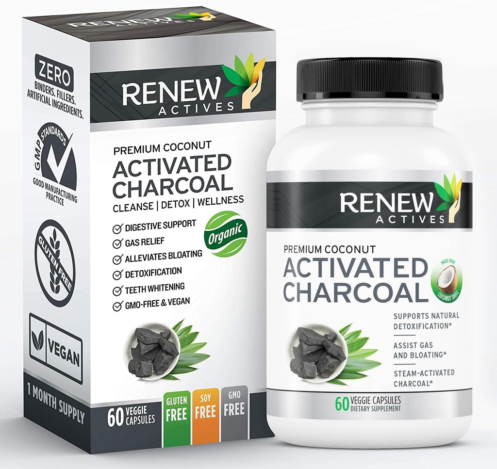 Renew Activated Charcoal Supplement 1100MG na 2 kapsułki - Digestive Support & Teeth Whitening Formula, Brak sztucznych składników - Made in Canada - 60 kapsułki