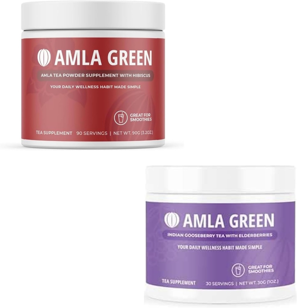Amla Powder & Green Tea Superfood Supplement, Wsparcie przeciwutleniające, Made with Hibiscus (90 porcji) & Elderberries (30 porcji), Organic, Wegan