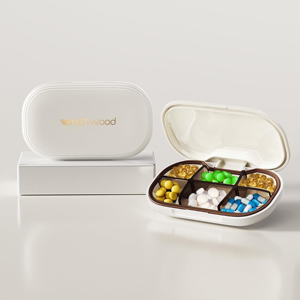 Przypadek małego kieliszka z 6 Komorami, Delicate Daily Pill Box for Purse, Pill Organizer Pill Container Pill Holder for Vitamin, Olej rybny, Suplementy i Leki (biały)