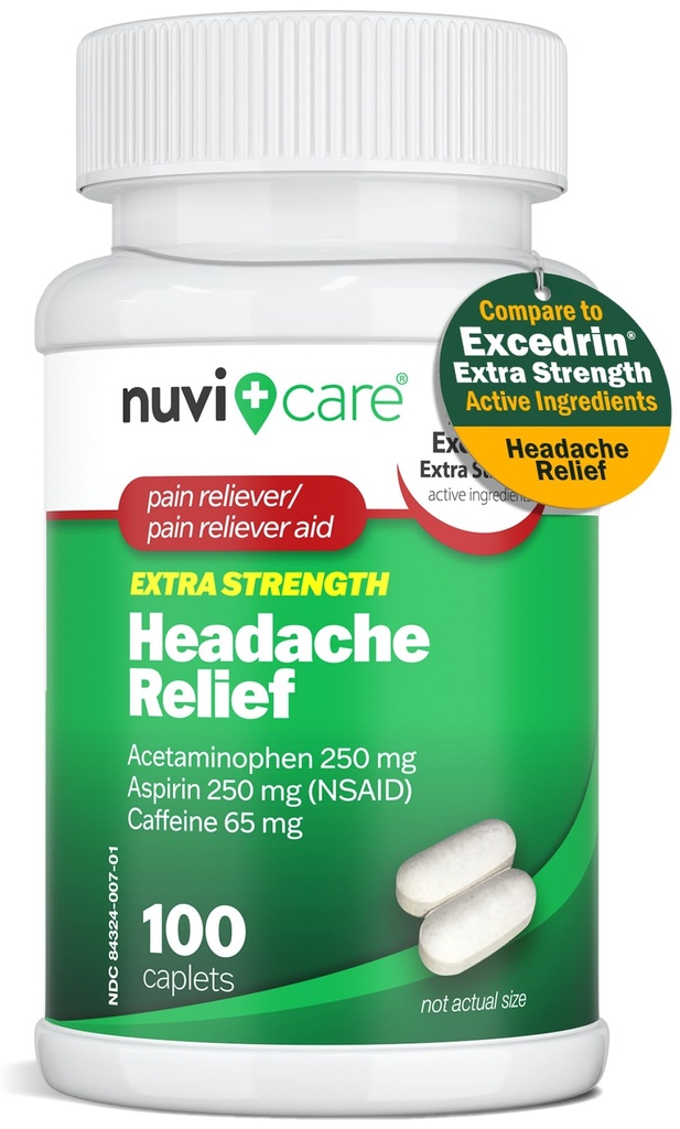Ból głowy Ulga z Acetaminofen 250 mg, Aspiryna (NSAID) 250 mg, Kofeina 65 mg - Tymczasowa ulga z drobnych Ache & Pains - Porównaj z Excedren dodatkowy ból siłowy Reliever (100 Kapsułki)