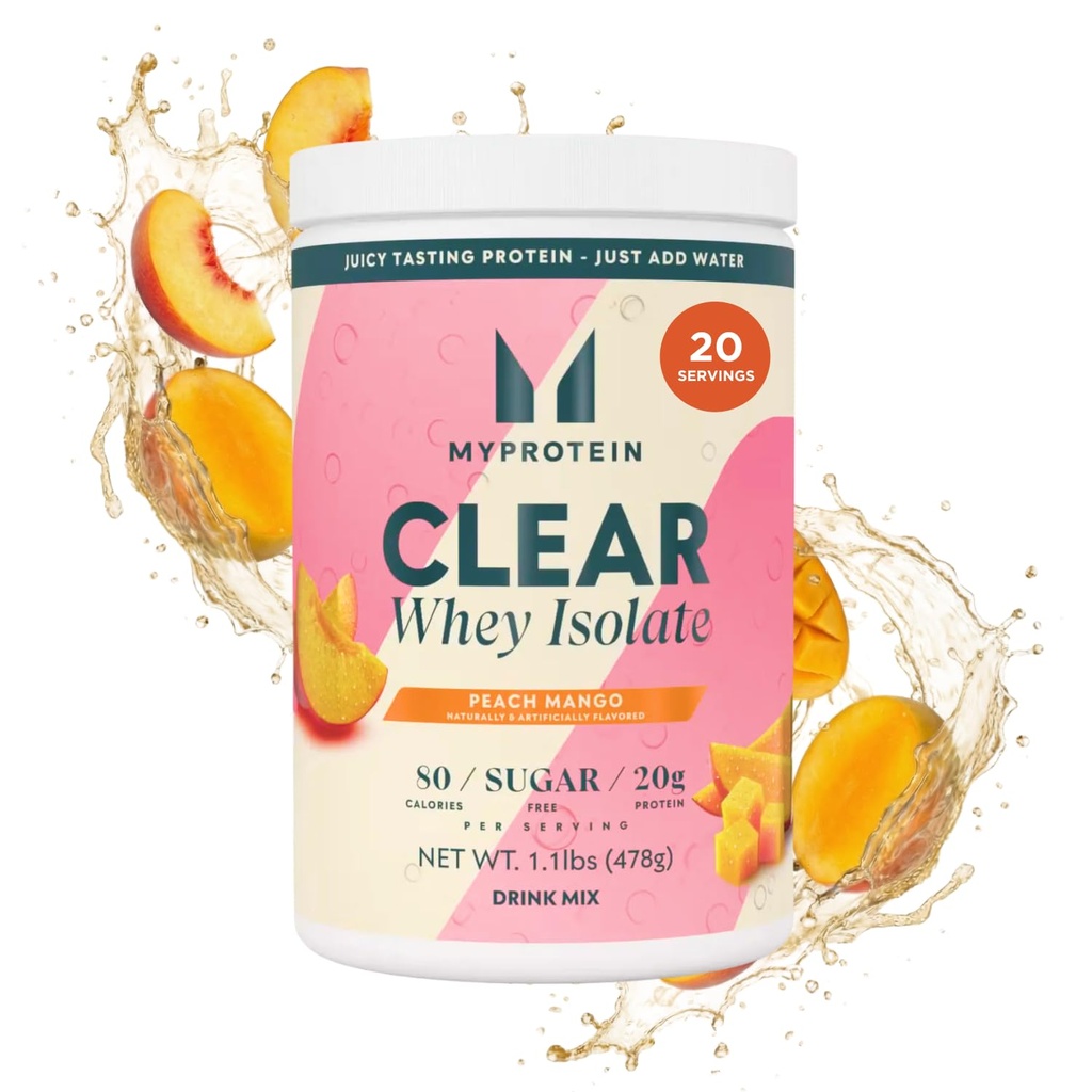 Myprotein Clear Serwatka Isolate Protein Powder, 1.1 Lb (20 Słupki) Peach Mango, 20 g Białko na serwowanie, naturalnie aromatyczny napój, Codzienne spożycie białka dla najwyższej wydajności