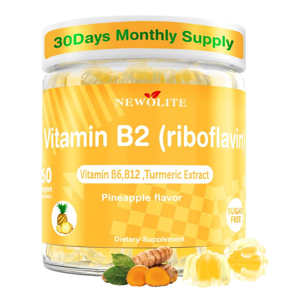 Witamina B2 Gummies Riboflavin 400mg dla mężczyzn Żniwa B2 Witaminy dla dorosłych z B Complex Turmeric Extract for Digestive Comfort, Wsparcie układu nerwowego, Wegan, Cukier wolny, Flavor ananasowy, 60 Hrabia