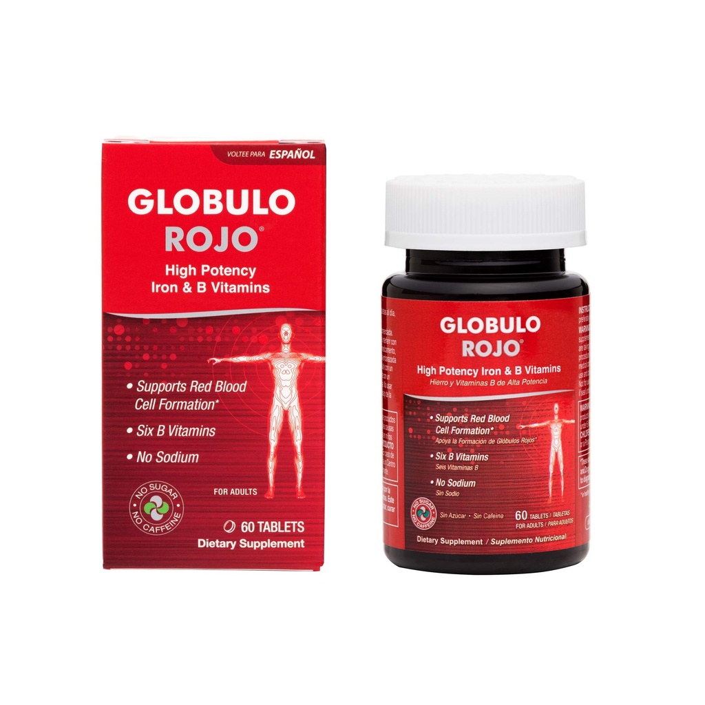 Globulo Rojo Żelaza Suplement - Suplement diety Pigułki z wysokiej mocy Żelaza i Witaminy B, 60 Tabletki