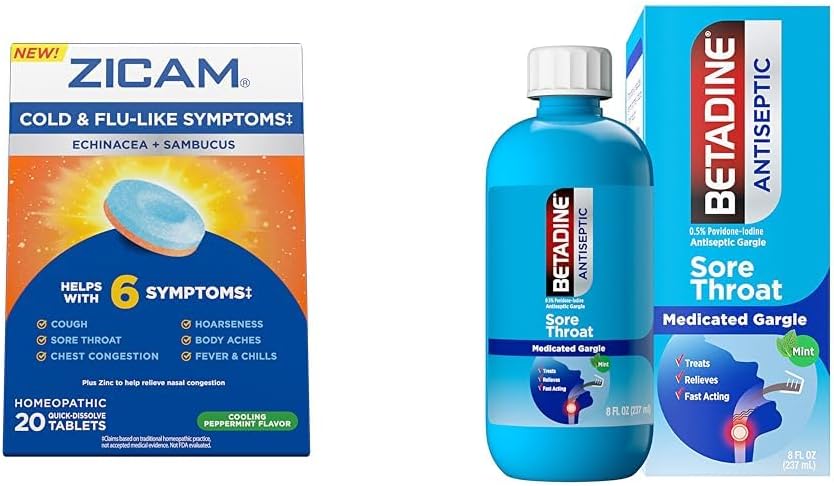 Zicam Cold Symptom Relief z Betadine Sore Throat Gargle, Echinacea & Sambucus Homeopatic Tablets, 20 Count & 8 FL OZ