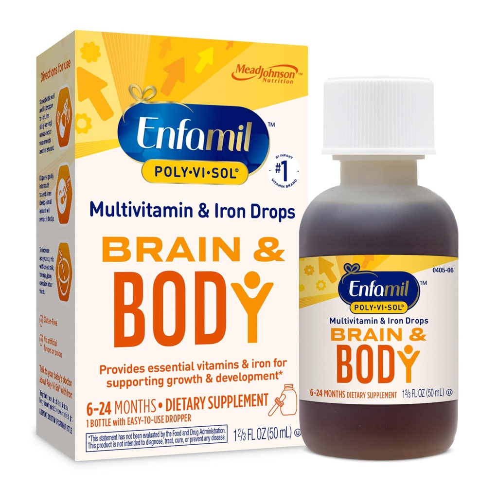 Enfamil Poly- Vi- Sol z płynem żelaznym, krople wielowitaminowe, wspomaga wzrost i rozwój *, 50 ml butelki