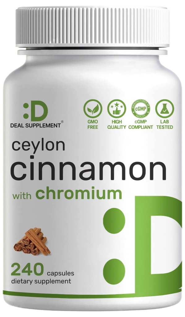 Ceylon Cynamon z chromem 1000mcg, 240 Kapsułek 124; Aktywny ekstrakt z Kora Wewnętrznego, True Sri Lanka Źródło 124; Naturalne suplementy cynamonu