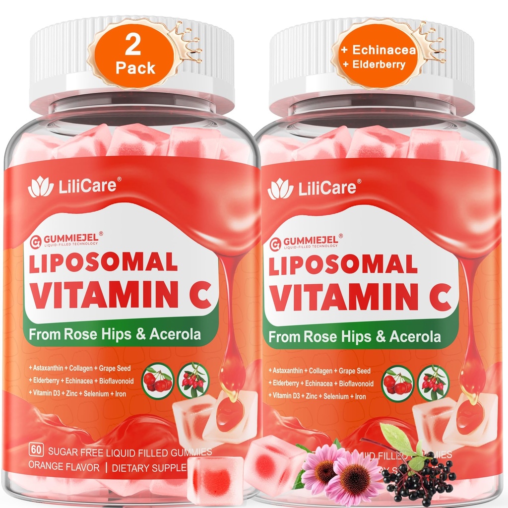 Witamina liposomalna C 1000mg Napełniona gumiaki dla dorosłych i dzieci 9 +, 1660mg Mieszanka w / Echinacea, Elderberry, D3, Cynk, Żelazko, Bioflavonoid, Astaksantyna, Naturalna organiczna witamina do żucia C, Bez cukru, 2Pack