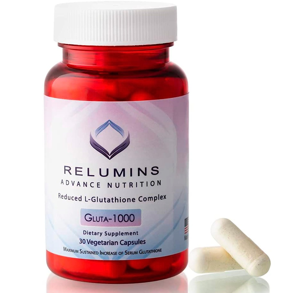 Reluminy Advance Nutrition Gluta 1000 - Zredukowany L- glutation, kwas lipoinowy alfa & róża HIPS, przeciwutleniacz Wsparcie dla skóry & ogólne Wellness, Made in USA - 30 Kapsułki (15-Day Supply)