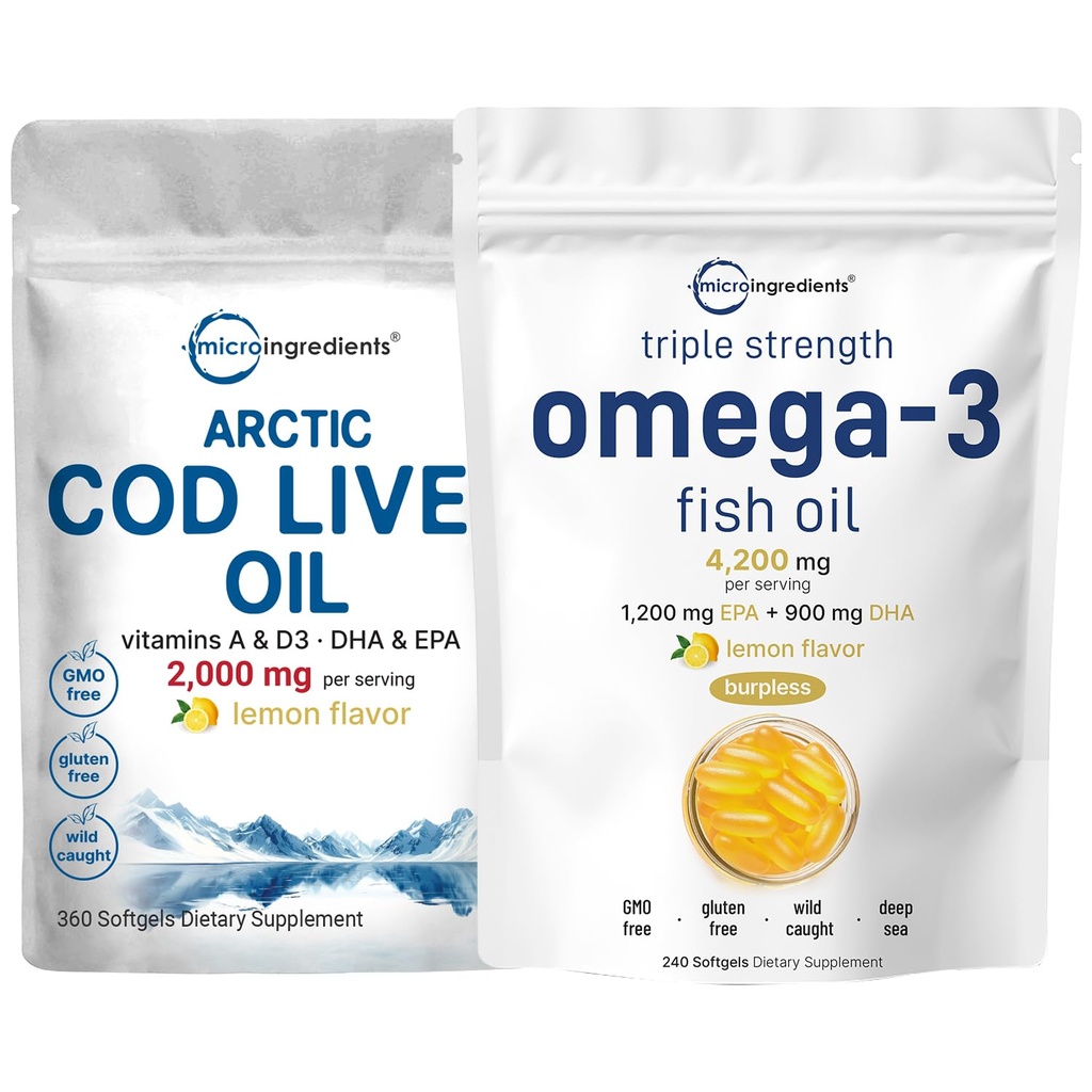Triple Siła Omega 3 Suplementy oleju rybnego 4200mg Na Podawanie i Cod Olej Wątroba 2000 mg Na Podawanie, 360 Softgels 124; Lemon Flavored - Burvoess - Dziki Caught - Arctic Deep Sea Fish