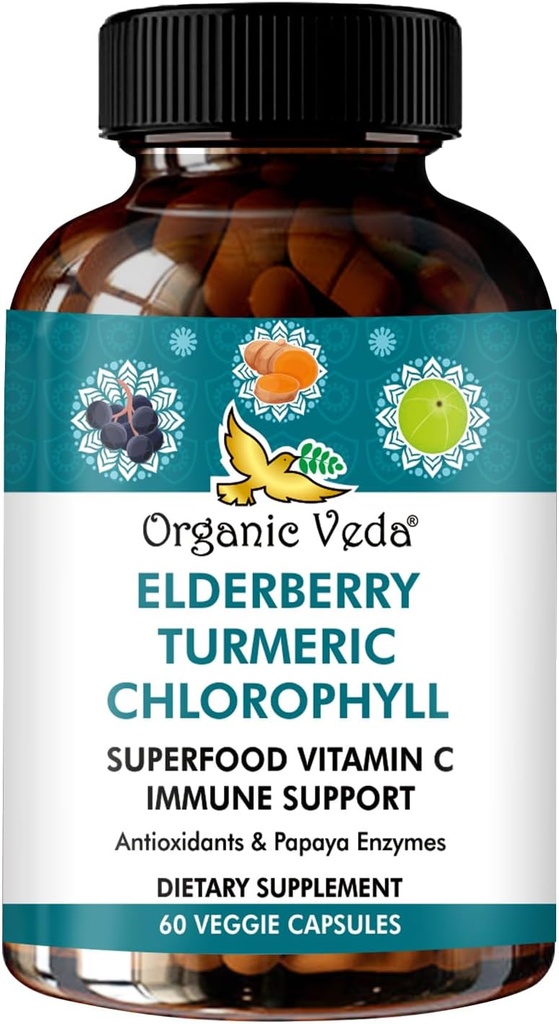 Organic Veda Elderberry Chlorophyll Immune Supplement - Superfoods Antyoksydanty, Zielona Witamina C, Wyciąg z nasion winorośli, Acerola, Moringa & Papaya Enzymes - 60 Kapsułki wegańskie