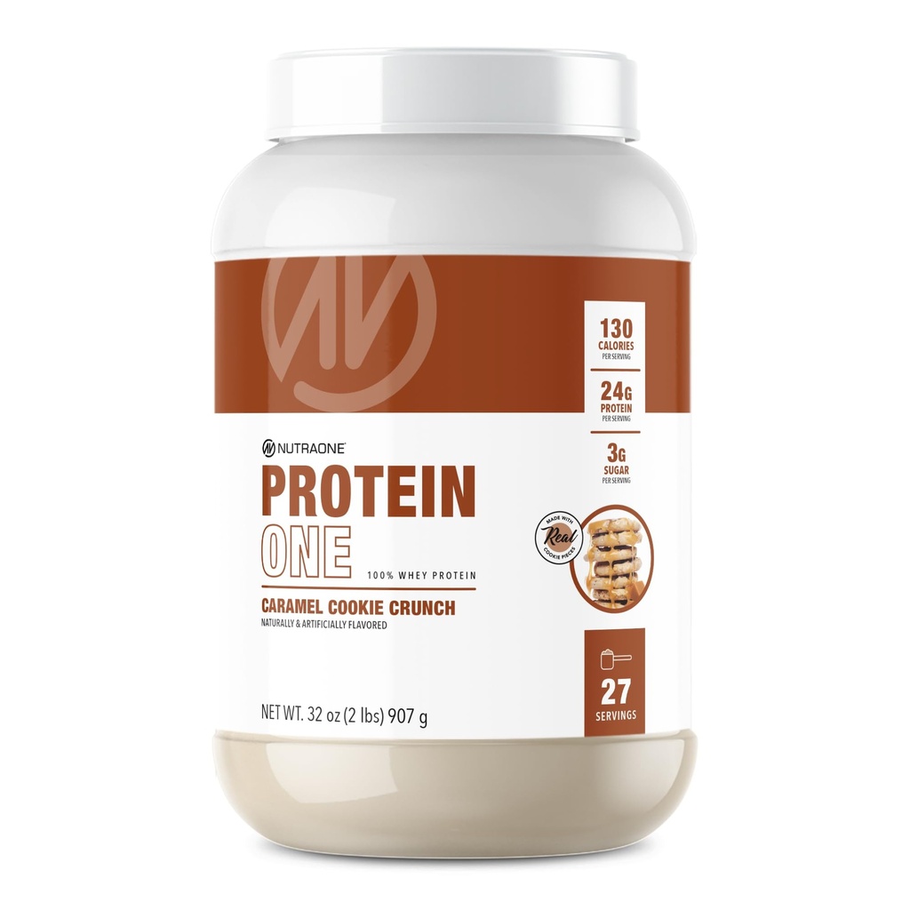 Białko serwatki NutraOne Promuje odzyskiwanie i budowanie mięśni przy pomocy proszku do shake 'u proteinowego dla mężczyzn i kobiet (Karmel Cookie Crunch, 2 LB)