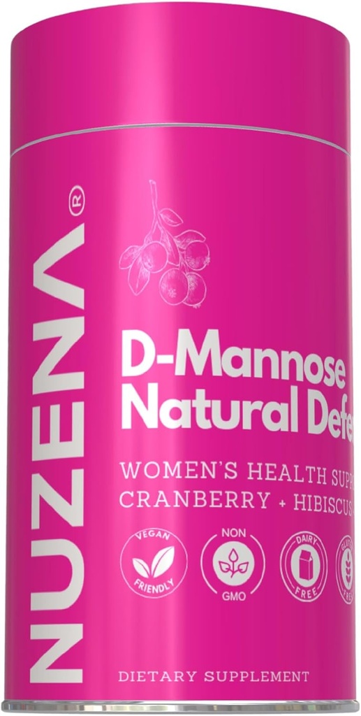 Nuzena D- Mannose + 1000mg z żurawiną 150mg, opakowanie 60 Natural Defense Support Tract Capsules z Hibiscus Flower 100mg i Dandelion Root 100mg Per Serving of 2 kapsułki