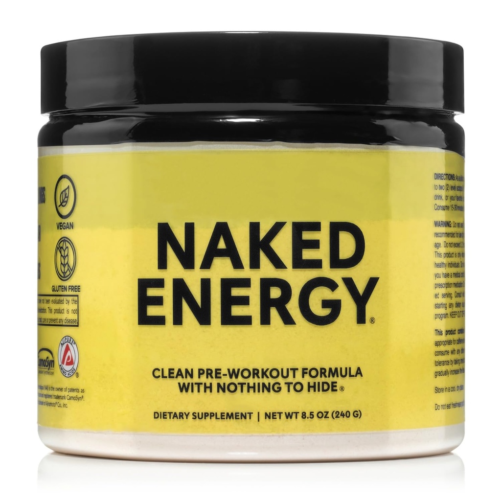 Naked Energy - Czysty proszek do przygotowania wstępnego dla mężczyzn i kobiet, Wegański, Unflavared, Zdrowy trening wstępny - No Added Sweeters, Kolory lub aromaty - 50 Służenia
