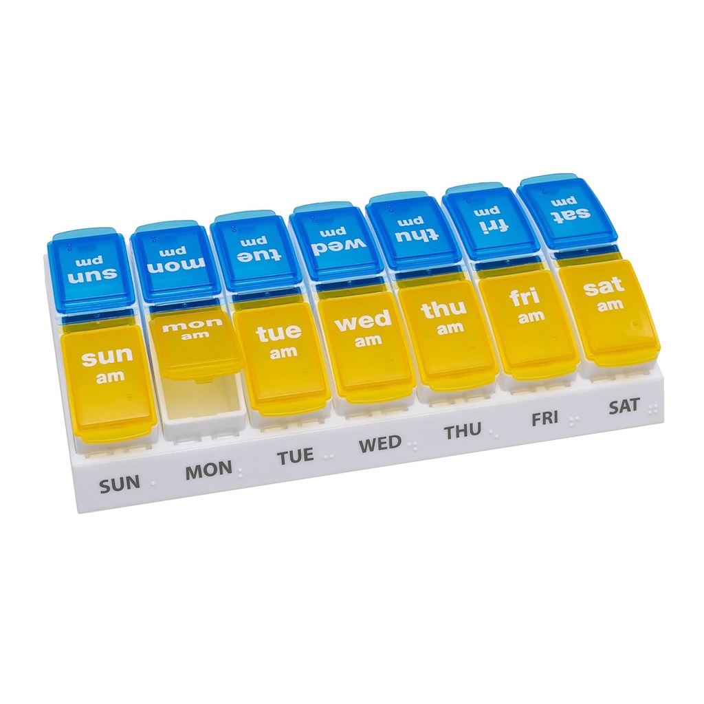 EZY DASE Cotygodniowy AM / PM Pill Organizator, 7- Day Witamina i lecznictwo Pudełko z dużymi Komory Wynoszenie, 2 razy dziennie Pill Holder dla łatwego dozowania, Żółte i niebieskie lidy, Przyjazny dla podróżujących