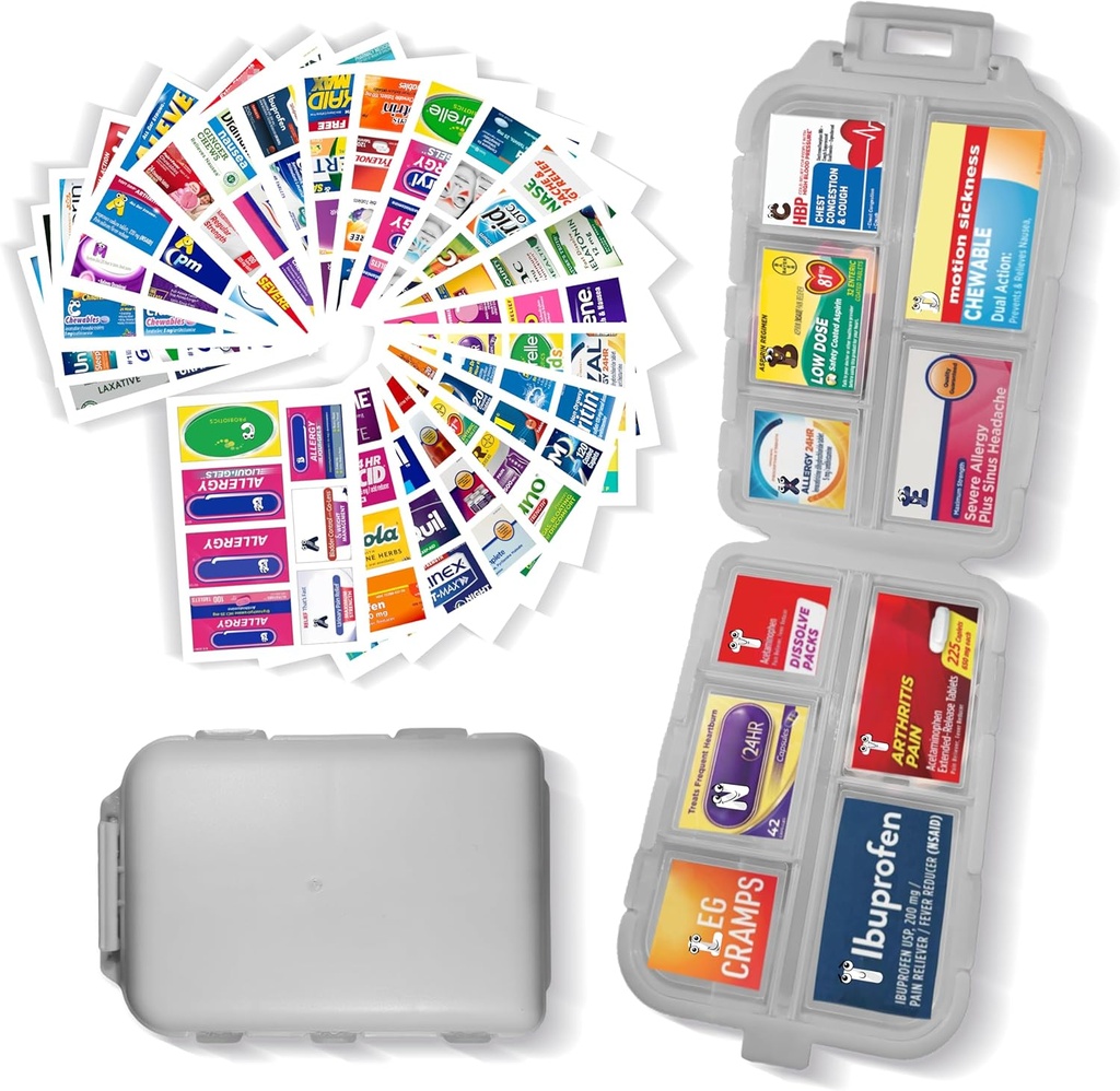 Pill Organizator z etykietami medycznymi 161 Etykiety Travel Daily Pill Container Mini Medication Organizer Storage Pill Organizer Travel Essentials Pill Case 7 Day (Szary, 1 Pack)