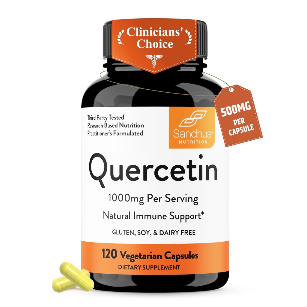 Sandhu 's Quercetin kapsułki wegetariańskie suplementy 120 Hrabia (Pack of 1) 124; Bioflavonoids for Imimmunological Support & Research Health, Sezonowe wsparcie alergii 124; Quercitin for Men and Women