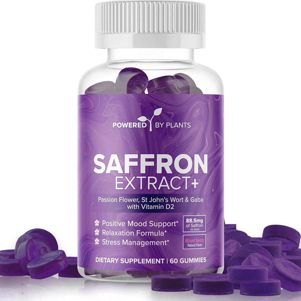Ekstrakt Saffron Gummies z Passionflower & Witamina D2 - Suplementy Saffron dla wsparcia nastroju, trawienie, & Energia 60 Służenia