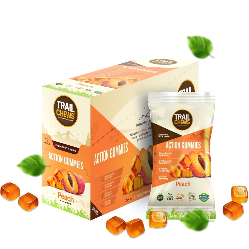 - Peach Flavor - 4- in-1 Gummie energetyczne dla energii, Nawodnienie, Odporność, Odzysk. Wzmacnia wytrzymałość i wydajność. Plant- Based & Gluten- Free. 12 Torby, 10 Gummies Każdy.