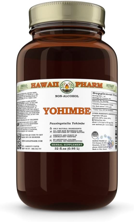 Yohimbe (Pausinystalia Yohimbe) Suchy Bark Glicerite, Made in Hawaii, All Natural, Vegan, Lab Tested Alcohol Free Liquid Extract - 32 fl.oz