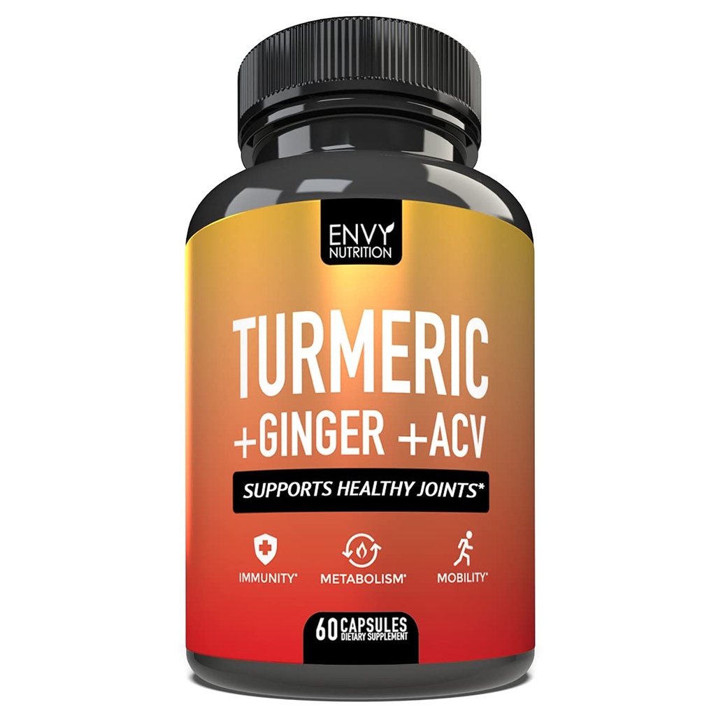 Envy Nutrition Turmeric & Ginger Supplement Kapsułki z jabłkowym cyderem - Wzmocnione odporność i wsparcie metabolizmu - 95% Kurkuminoidy, Bioperine (Czarny pieprz) dla Superior Absorption - 60 Czapki