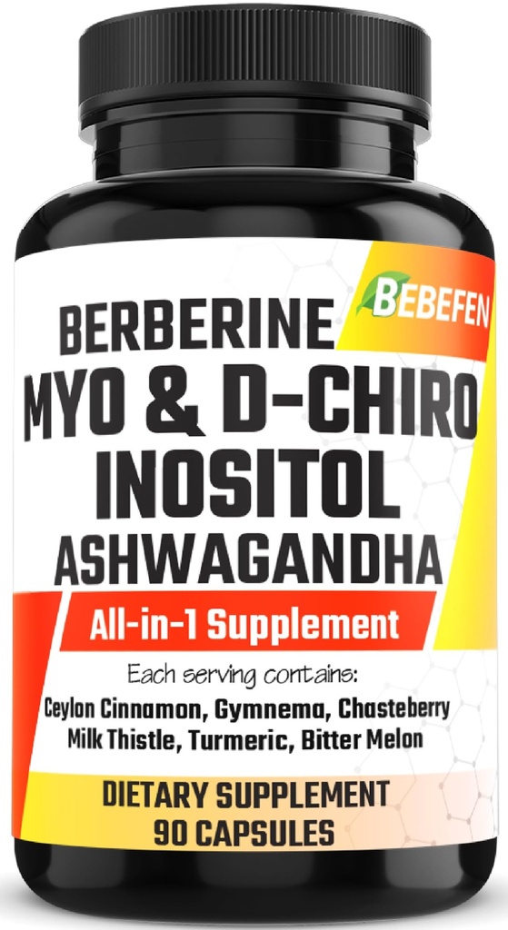 Myo- Inositol & D- Chiro Inositol Kapsułki z Ashwagandha, Berberine, Cynamon, Gymnema, Chasteberry, Mleko Thistle, Turmeric, Bitter Melon - 90 Kapsułki