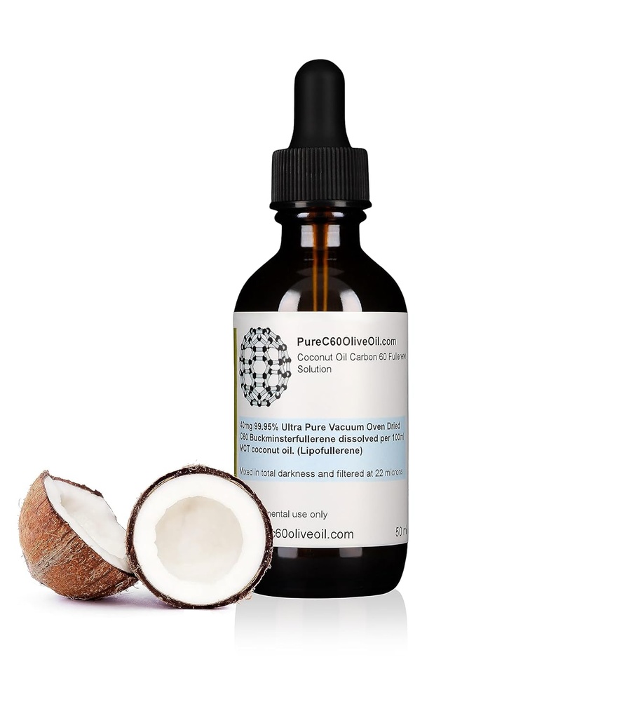 PureC60OliveOil C60 Organic MCT Oil Kokosowy 50ml / 1.7 Fl Oz - 99,95% Carbon 60 Solvent Free 20mg - Amber Glass Bottle - Food Grade - Carbon 60 MCT Coconut Oil - from The Leading Global Producer
