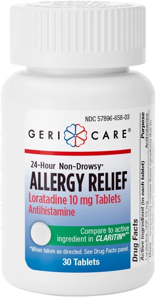 GeriCare Lorrigen 10mg Non- Drowsy 24- Godzinowa ulga alergii, Antihistamine alergy / Sinus Support Tablets for Runny Nose, Kichanie, Swędzenie, 30 Hrabia, 1 Pack.