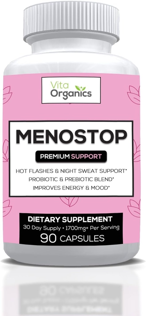 MenoStop - Gorące błyski i wsparcie menopauzy - Black Cohosh, Ashwagandha, Dong Quai, Mieszanka Prebiotyczna i Probiotyczna - 30- Day Supply