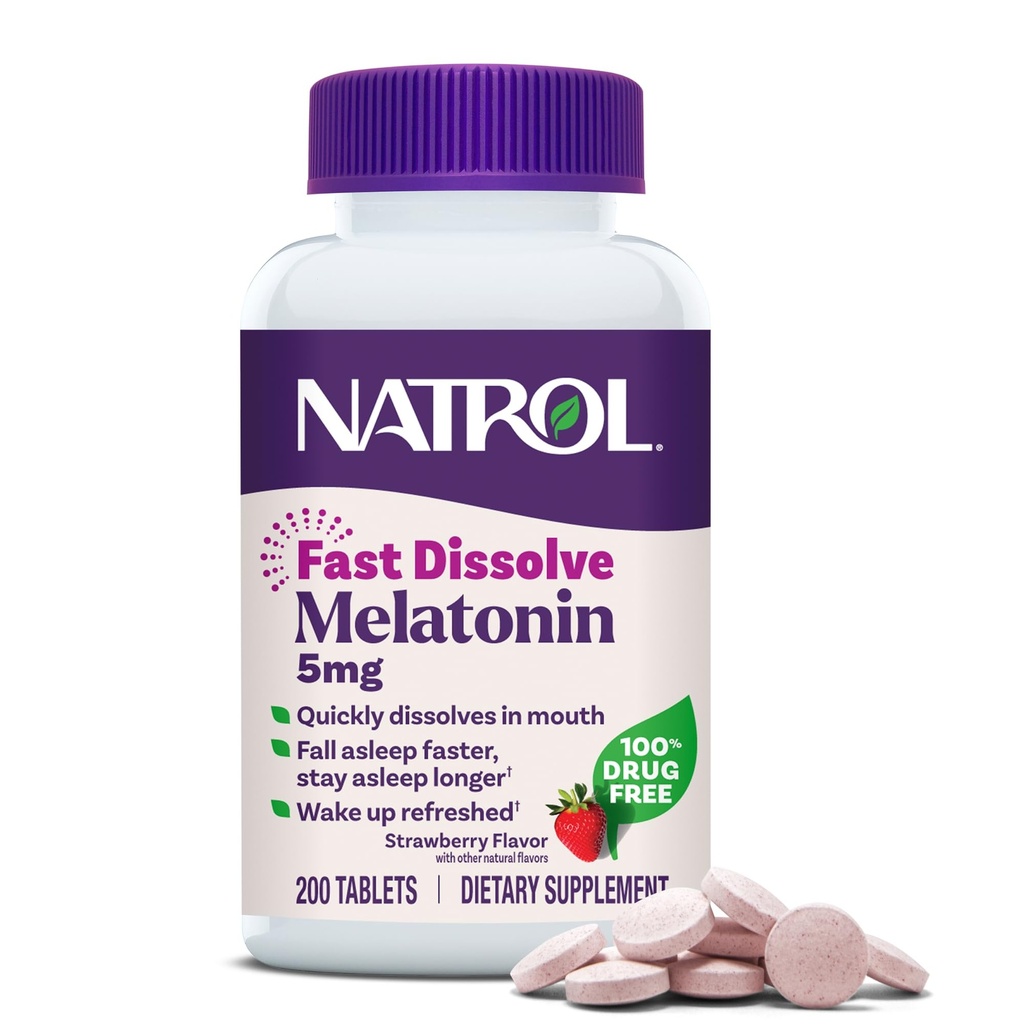 Natrol Melatonina 5 mg szybko rozpuszczalne tabletki, suplementy wsparcia snu dla dorosłych, Strawberry Flavor, 200 tabletek, do 200 Day Supply