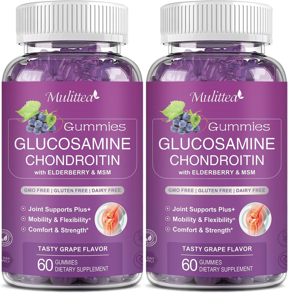 Mulittea Glukozamina Gummies Chondroitin - Extra Siła Joint Supplement Supplement with MSM & Elderberry for Natural Joint, Antyoksydant Immune Support for Adult, Men & Women Sugar- Free (2 Pack)