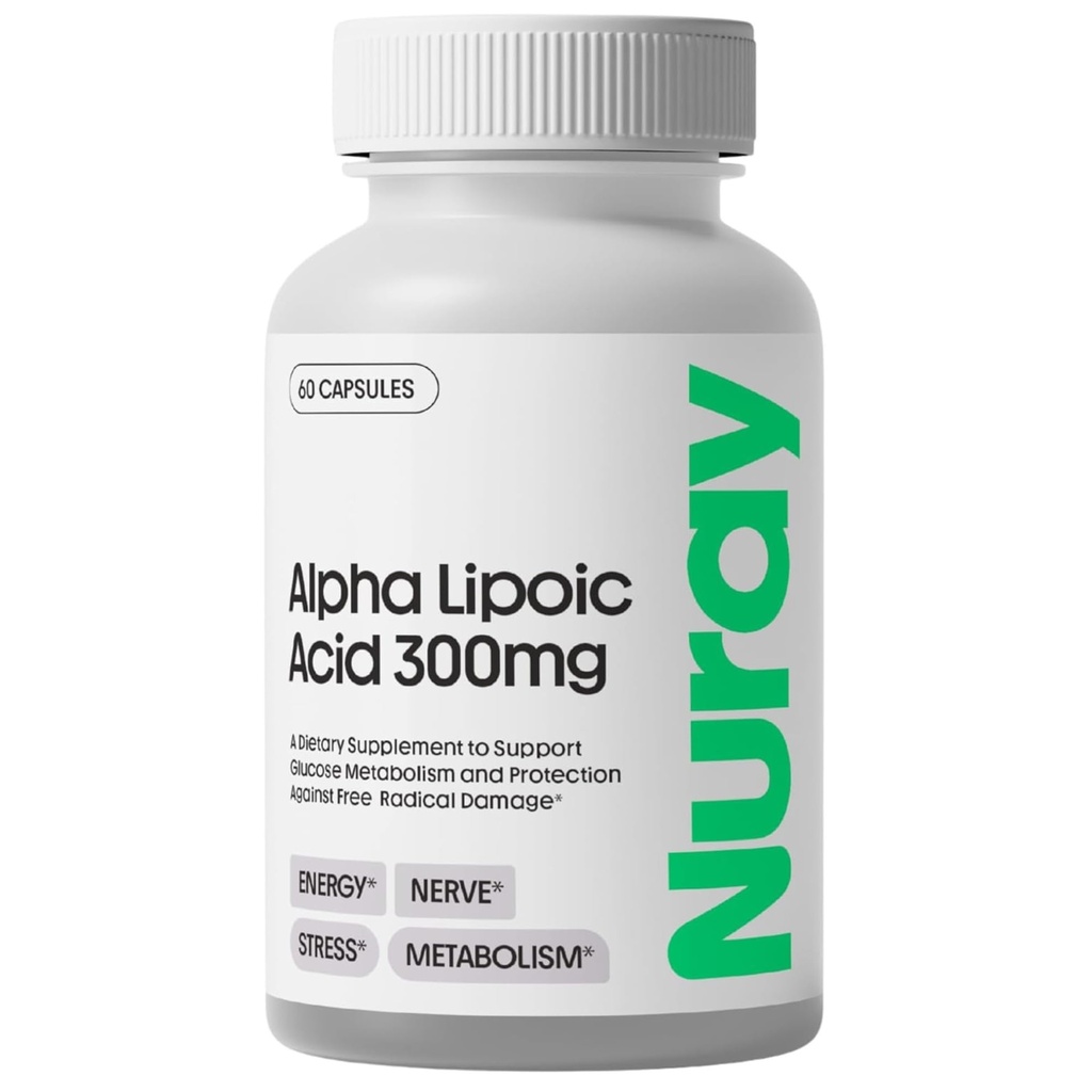 Nuray Alpha Lipoic Acid 300mg - Suplement przeciwutleniający do zdrowego starzenia się, Wspiera produkcję energii, Odpowiednia Funkcja Nerwy, Metabolizm - 60 Kapsułki wegetariańskie, Suplement diety bezglutenowy