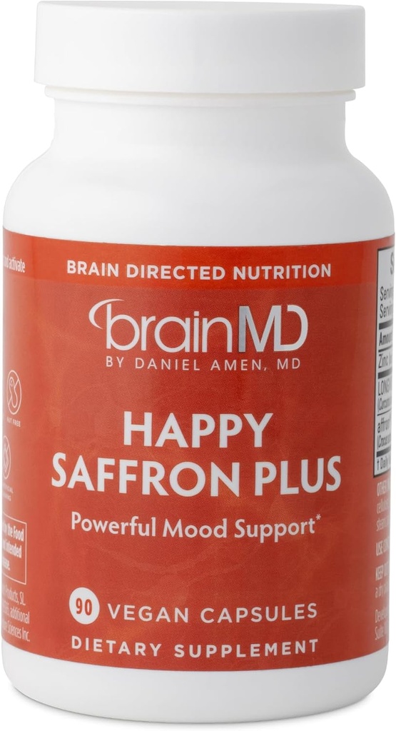 Dr Amen BrainMD Happy Saffron Plus - 90 Kapsułek, Opakowanie 2 - Z ekstraktem z kwiatów szafranu, Curcumin & Zinc - Wegan, Gluten Free - 60 Razem Sługi