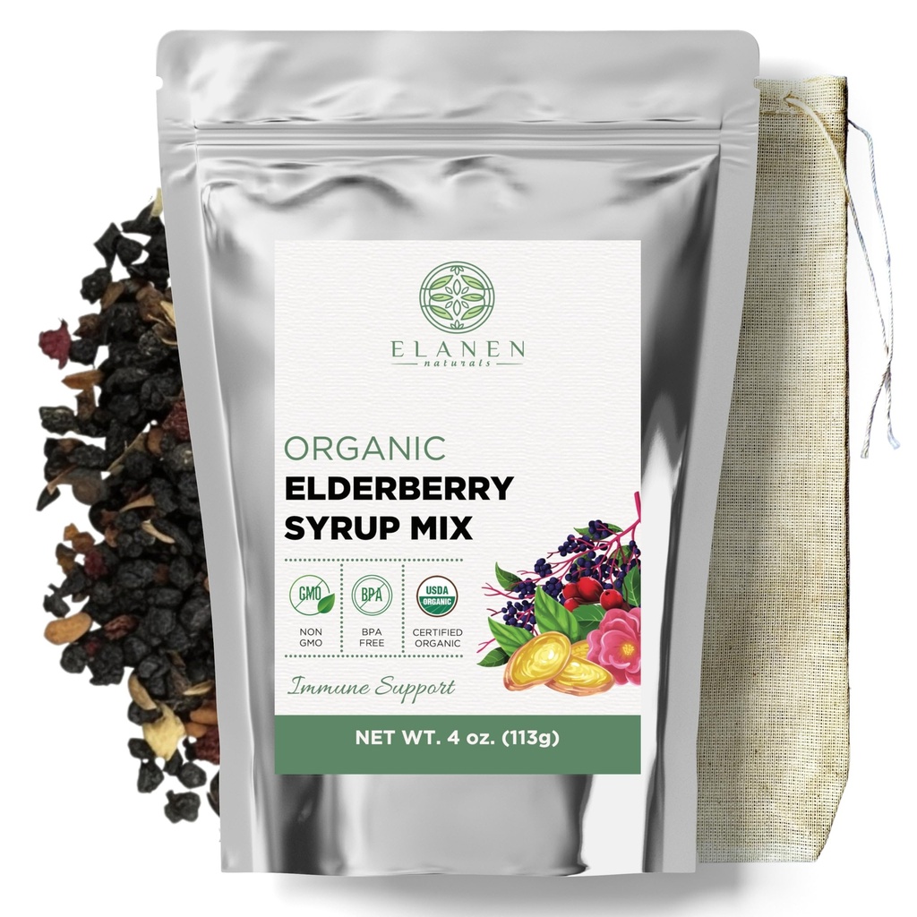 Elanen Naturals Organic Elderberry Syrop Kit, Makes up to 24 oz, Zawiera naturalne Cotton Brew Bag, USDA Certified Organic Suche Elderberry i Herbs Immune Support, Bulk Kit, 4 oz. (113g)
