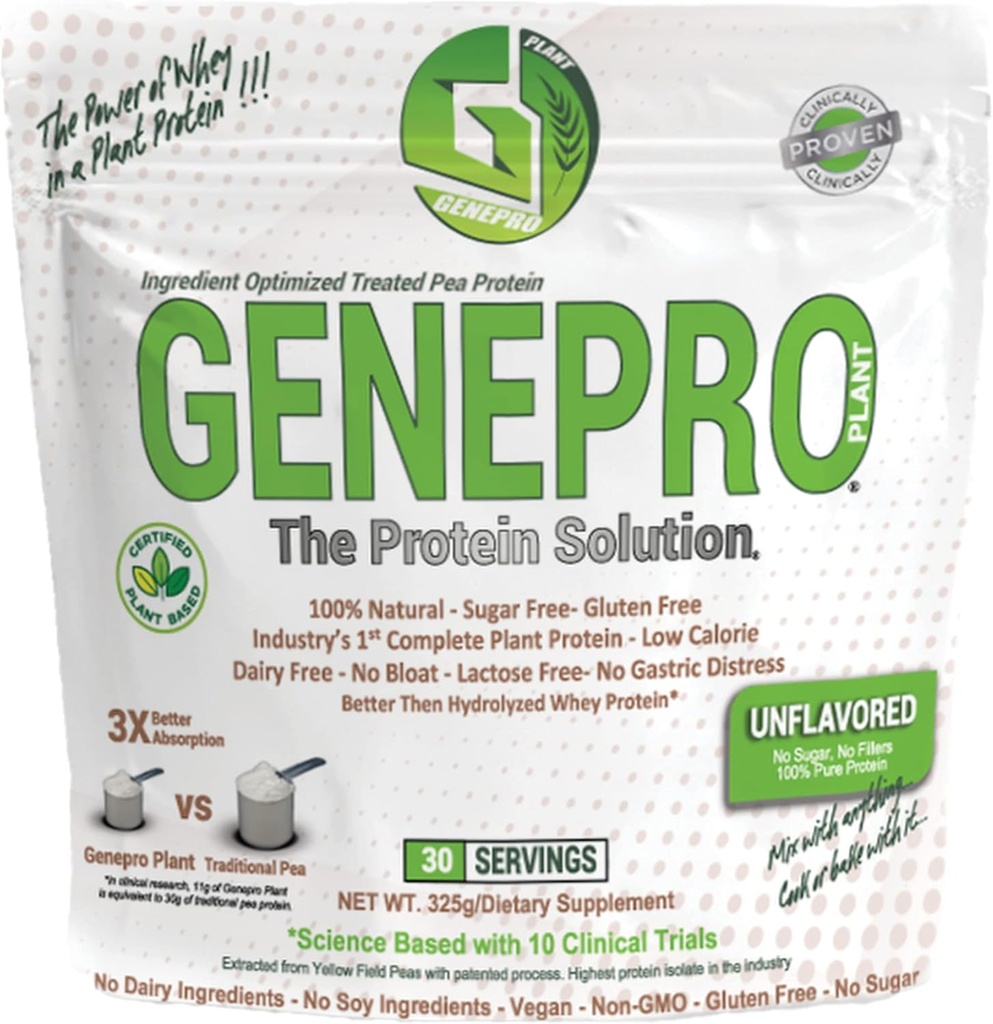 Proszek z białka bazującego na roślinach niearomatyzowanych Genepro - Bezmleczny, Bezglutenowy, & Niemodyfikowany GMO Suplement Pea Protein Shake (30 Słupki)