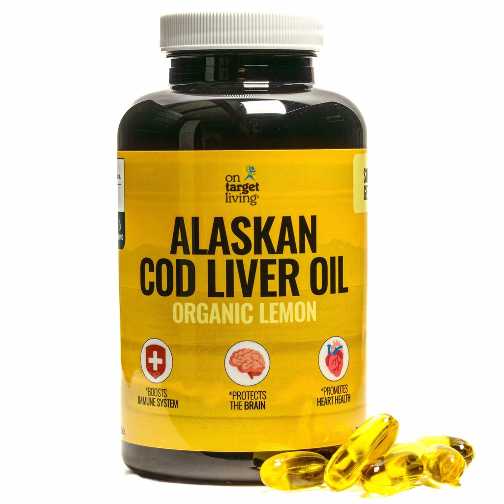 Na żywym Alaskan Cod Liver Oil 120 Miękkie żele 124; Linia złapana w USA 124; Naturalne pojawiające się witaminy D 124; Bogate w Omega 3 DHA / EPA