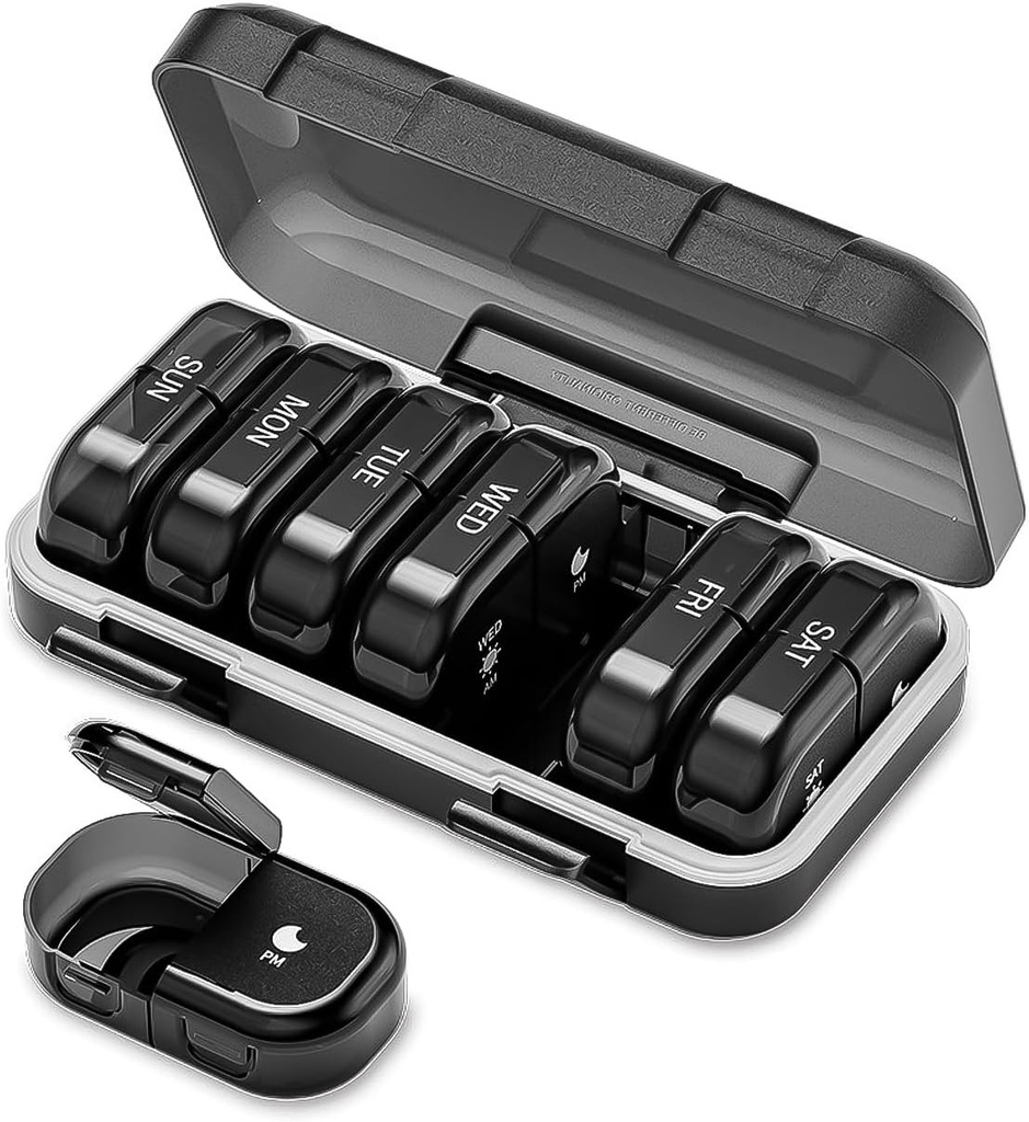 Cotygodniowy Pill Organizator 2 razy dziennie, AM PM Pill Organizator 7 Dni, Przenośny Pill Case 14 Dni, Wilgotny Dowód Dużego Pill Dispenser, Duży Podróż Pill Box dla suplementów witaminy (czarny)