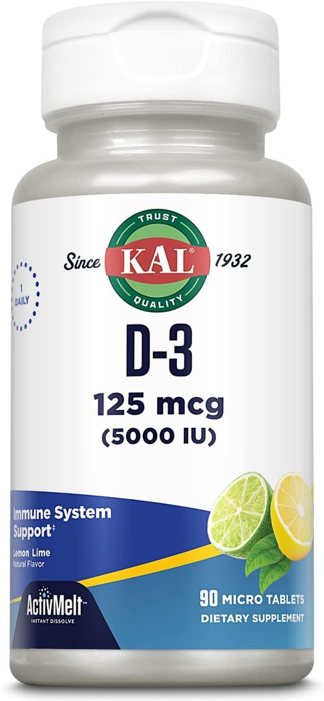 KAL Witamina D-3 5000 IU ActivMelt, Natychmiastowe rozpuszczenie, Natural Lemon Lime Flavor, Zdrowe funkcje immunologiczne i wsparcie kości, 90 Służenie, 90 Micro Tablets