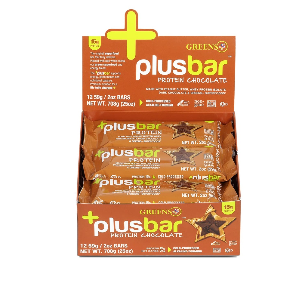 Zielone + Białko Plusbar, Ciemna Czekolada, 15g Izolat białka serwatki, Bezglutenowy przekąsek z Organic Super Zielonych & Superfoods, Wegan, Darmowy Dair, Non-GMO, Wymiana posiłków, 12 Pack