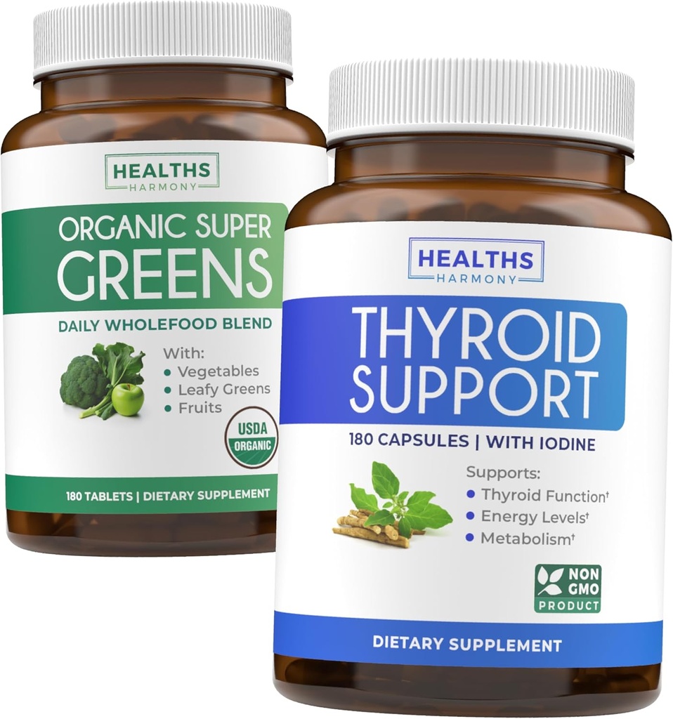 Super Zielone i Tyroid Support (3- Month Supply) Thyroid Vitality Bundle of Organic Super Greens Powder - Complete Superfood (180 Kapsułki) & Thyroid Support for Men and Women (Non-GMO) (180 Kapsułki)