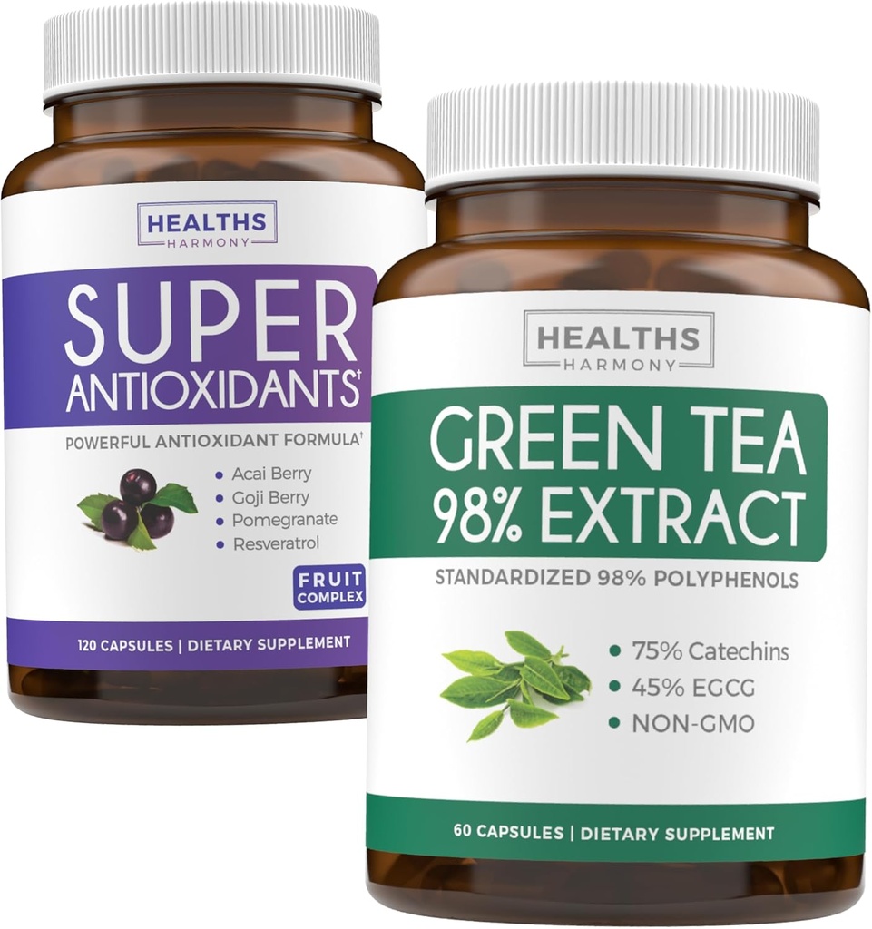 Antyoksydanty & Green Tea Extract (1- Month Supply) Antioksydant Green Fusion - Super Antioksydants - Potężny Super Food Daily Blend (120 Caps) & Green Tea Extract with EGCG Polyfenol Catechins (60 Caps)