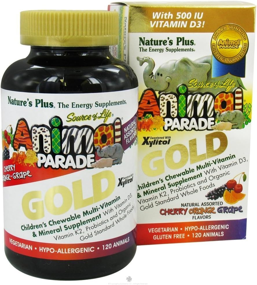 NaturesPlus Animal Parade Gold Multivitamin dla dzieci - Assorted Cherry, Orange & Grape Flavors - 120 Animal Shaped Chewable Tablets, Pack of 2 - Wegan, Gluten Free - 120 Total Servings