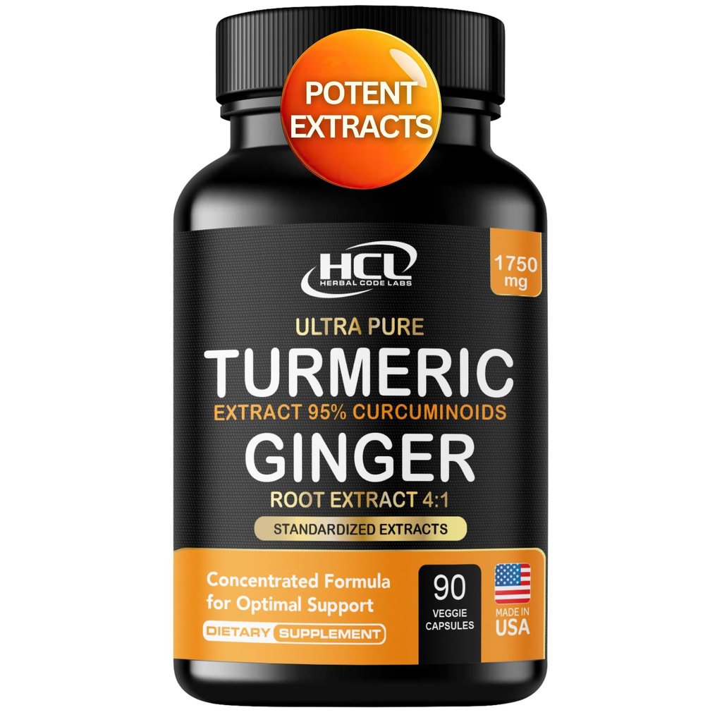 Kurkumina kurkumina z imbirem - 1750mg formuła o wysokiej mocy z 95% znormalizowanymi kurkuminoidami i ekstraktem imbirowym - Czarny pieprz do zwiększonej absorpcji - 60 Kapsułek wegańskich